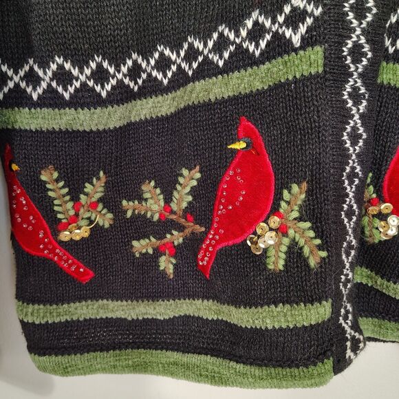 Embellished Christmas Cardigan Sweater Cardinals Holly Sequin Holiday Bird SMALL - Picture 4 of 8